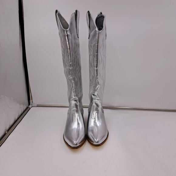 Oeupiano Knee High Cowboy Rodeo Party Silver Boots Size 6 - Picture 4 of 5